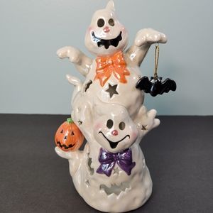 Spooky Hollow Ghost JOL Bat Ceramic Halloween Tealight Holder 8" Iridescent VTG